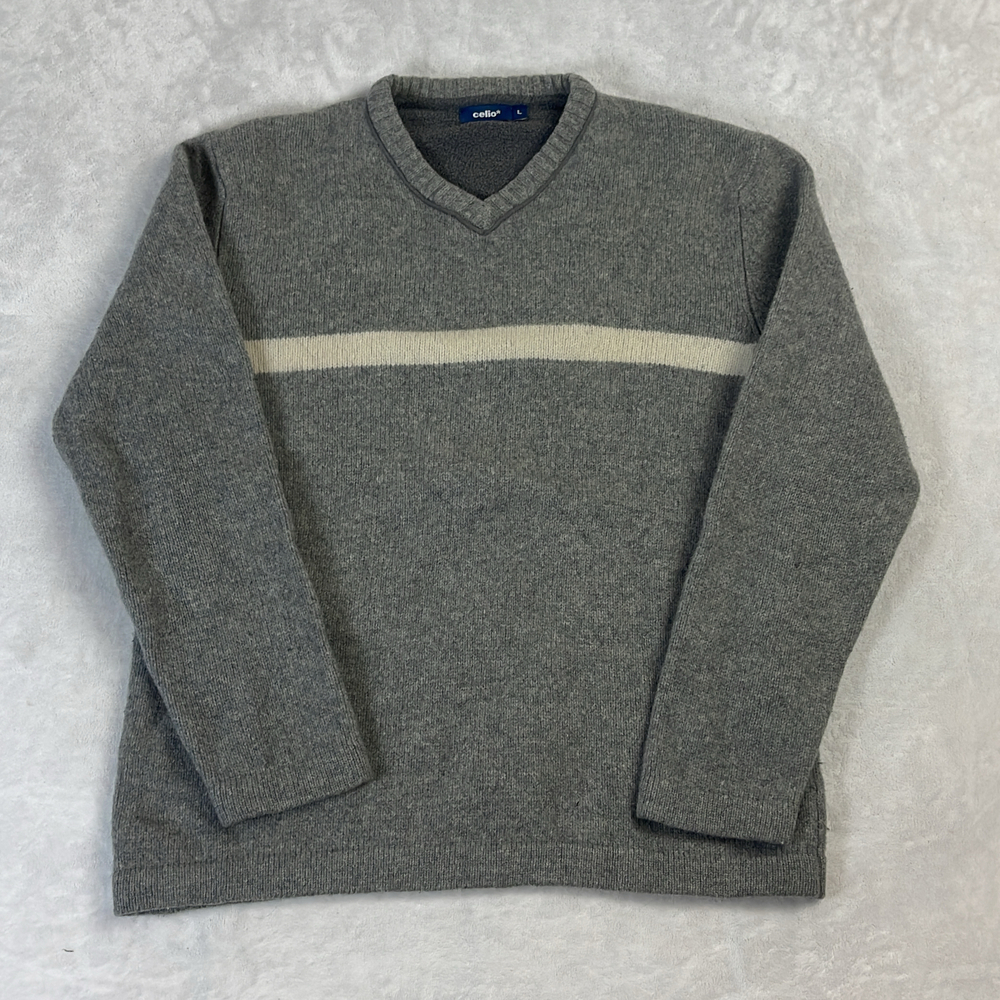 Celio Men's V-Neck Sweater Size L Grey 100% Pure Virgin Wool Striped Pullover
